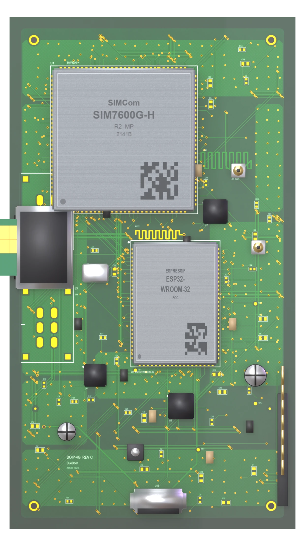 The custom DOIP 4G-LTE printed circuit board — shielded LTE modem, edge AI SoC and a half-inserted Airtel micro-SIM
