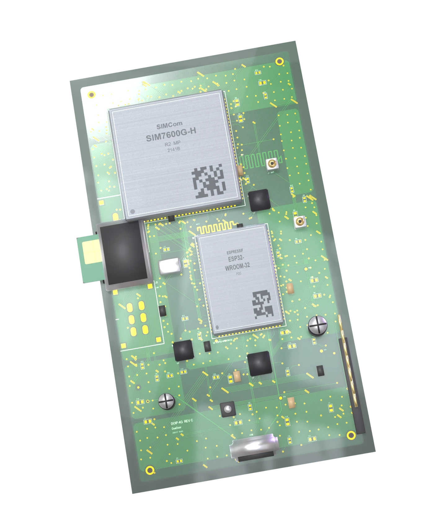 Three-quarter hero view of the custom DOIP LTE board