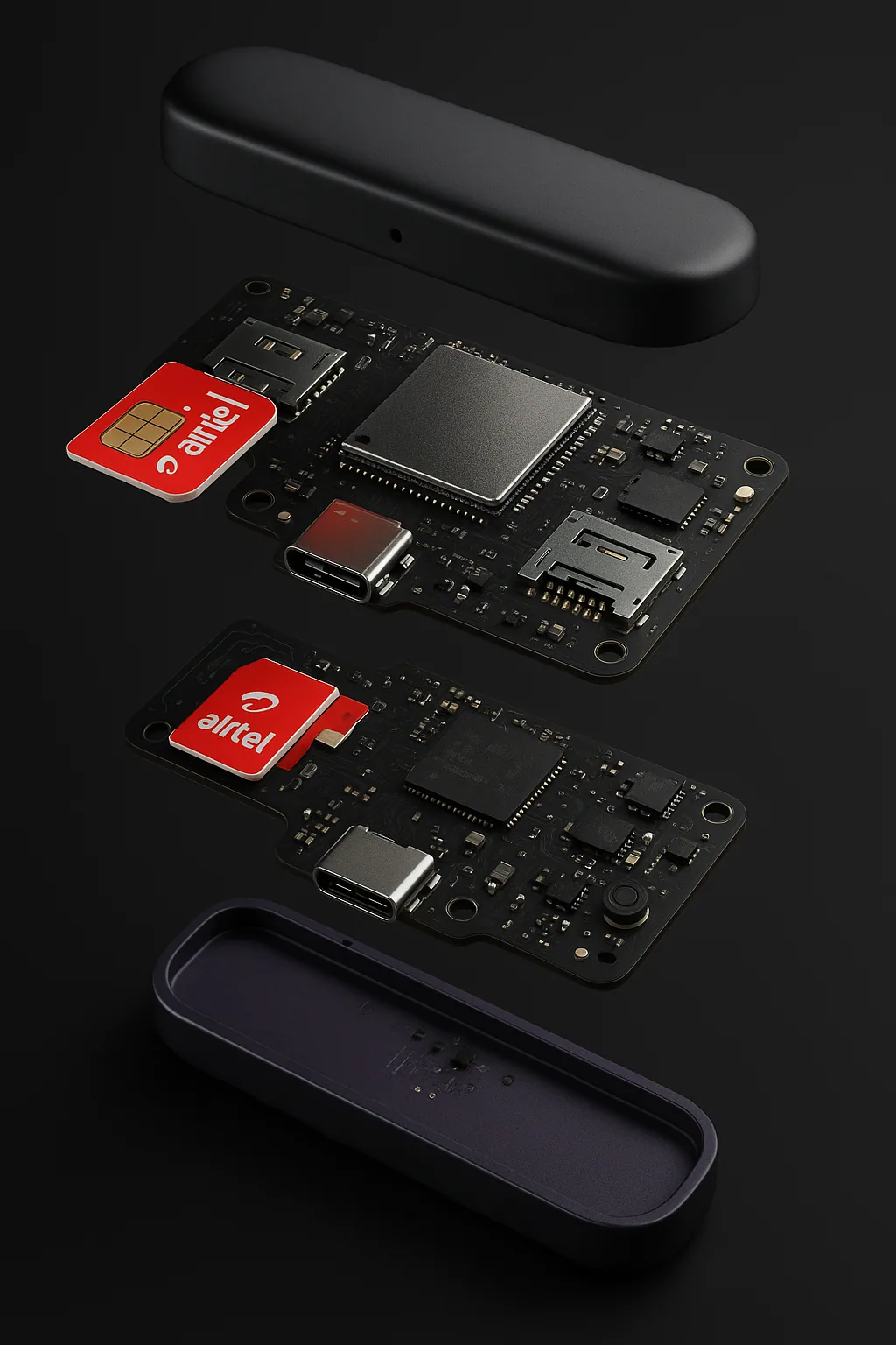 Exploded view of DOIP showing the custom LTE board and Airtel micro-SIM